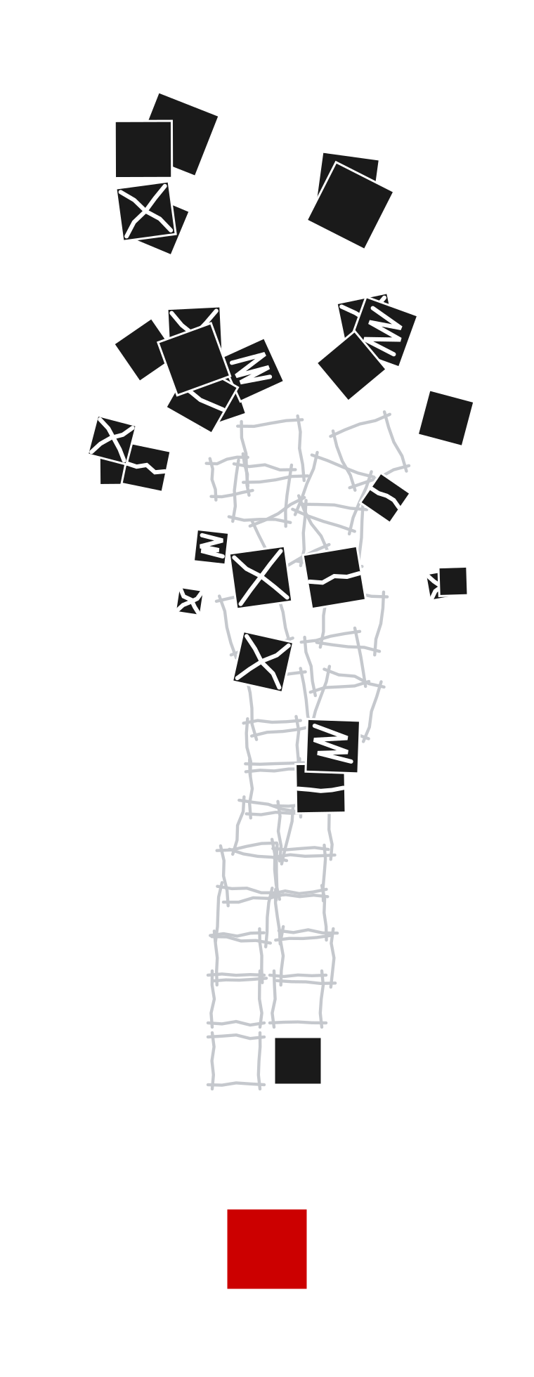 Abstract artwork: black paper squares, some crossed out, scattering down a faint gray grid to a single red square at the base.